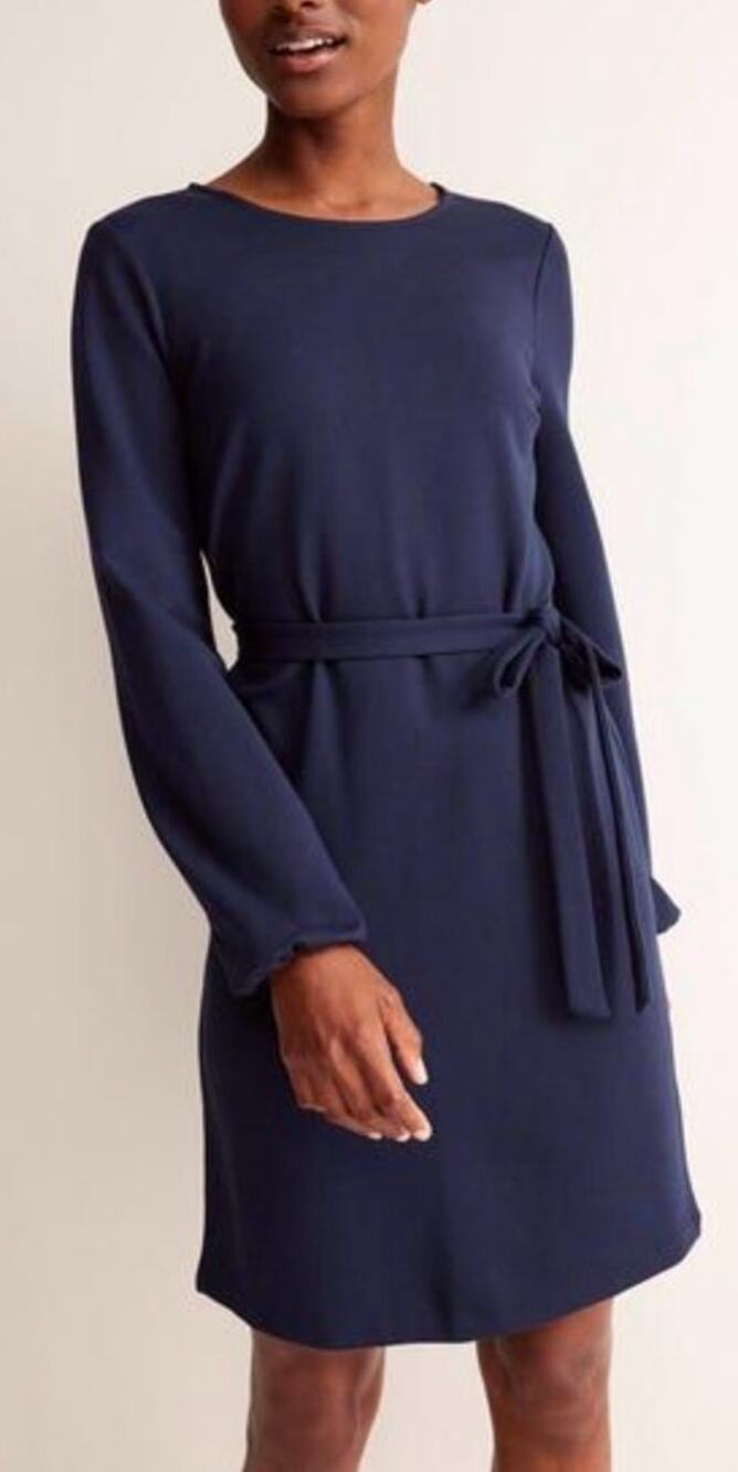 BODEN Classic Ponte Navy Blue Jersey Mini Shift Dress Long Sleeve Tie Waist NWT
